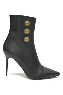 Black leather pointed-toe Roni ankle boots with coat of arms shank buttons