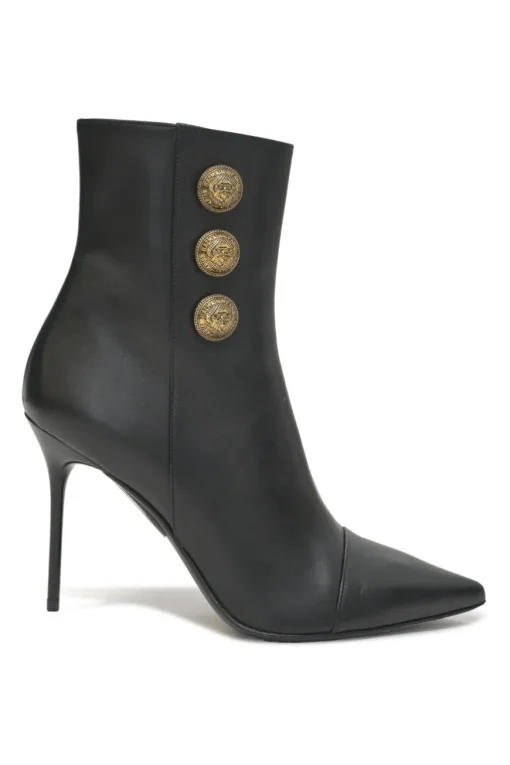 Black leather pointed-toe Roni ankle boots with coat of arms shank buttons