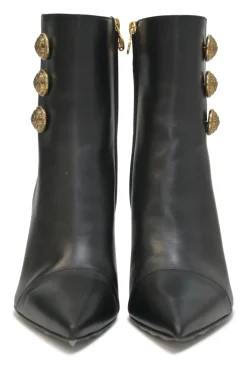 Black leather pointed-toe Roni ankle boots with coat of arms shank buttons