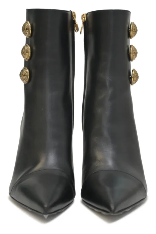 Black leather pointed-toe Roni ankle boots with coat of arms shank buttons