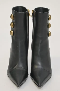 Black leather pointed-toe Roni ankle boots with coat of arms shank buttons