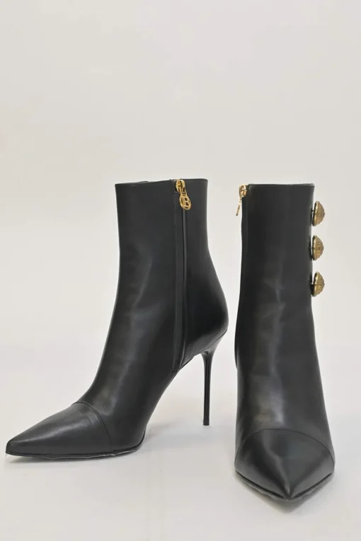 Black leather pointed-toe Roni ankle boots with coat of arms shank buttons
