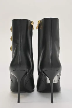 Black leather pointed-toe Roni ankle boots with coat of arms shank buttons