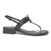 Black leather slingback thong sandals featuring cabochon Coco Mark logo plaque