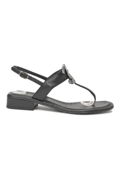 Black leather slingback thong sandals featuring cabochon Coco Mark logo plaque