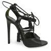 Black leather tassel T-strap heeled sandals with ankle tie fastening