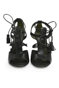 Black leather tassel T-strap heeled sandals with ankle tie fastening