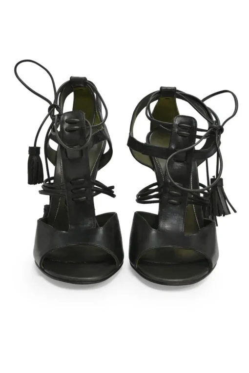 Black leather tassel T-strap heeled sandals with ankle tie fastening