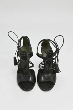 Black leather tassel T-strap heeled sandals with ankle tie fastening