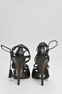 Black leather tassel T-strap heeled sandals with ankle tie fastening