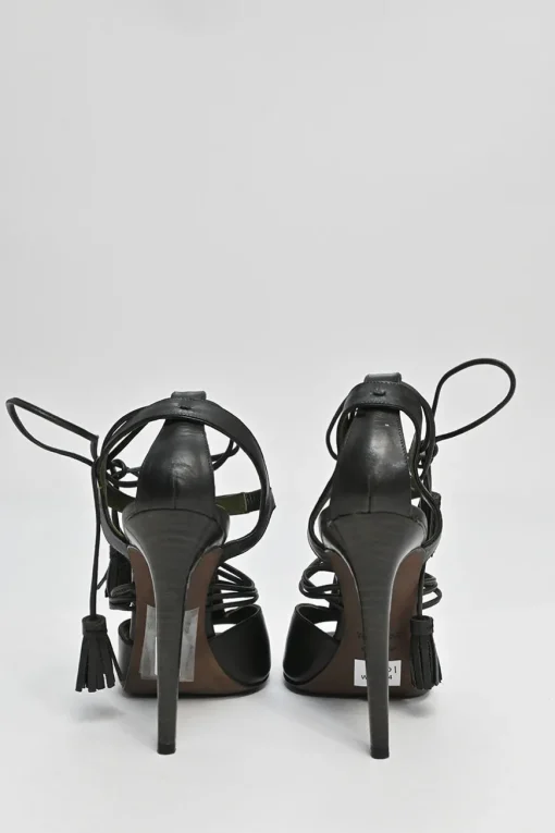 Black leather tassel T-strap heeled sandals with ankle tie fastening