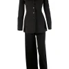 Black long-sleeved blazer with  straight wide trousers