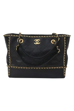 Black matelassé calfskin chained shopping tote