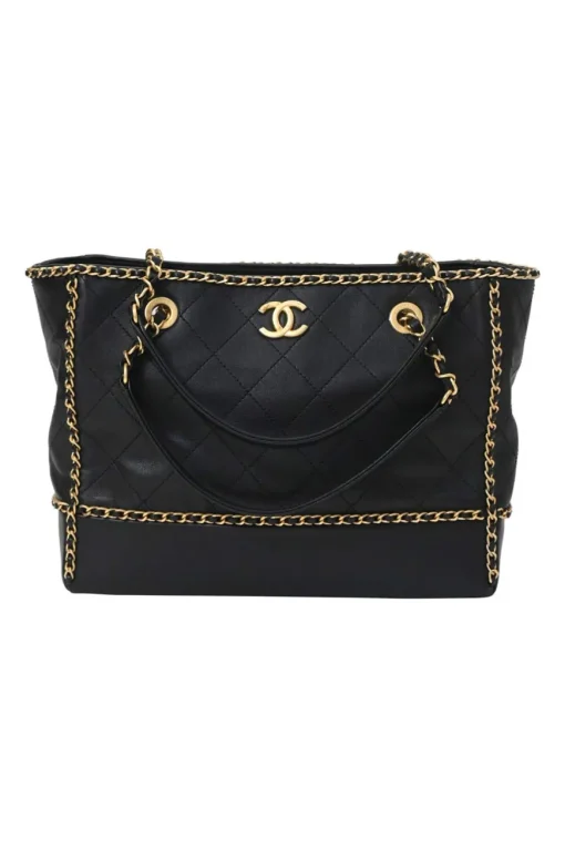 Black matelassé calfskin chained shopping tote