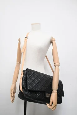 Black matelassé caviar leather Reissue 2.55 Messenger Flap shoulder bag with silver-tone aged ruthenium hardware