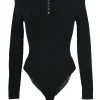 Black merino wool half-button collared polo-style bodysuit