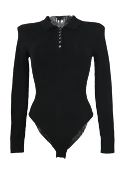 Black merino wool half-button collared polo-style bodysuit
