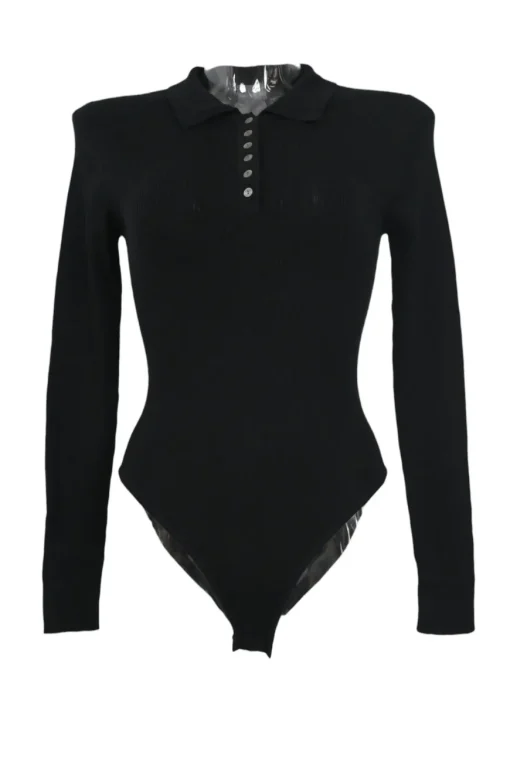 Black merino wool half-button collared polo-style bodysuit