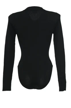 Black merino wool half-button collared polo-style bodysuit