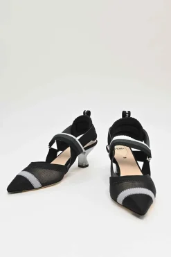 Black mesh and leather semi-sheer Colibri pointed-toe slingback court pumps