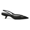 Black mesh, leather and rubber pointed-toe slingback kitten-heel pumps with metallic enamel logo vamp plaque