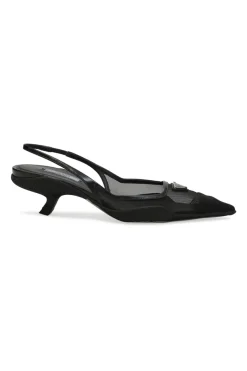 Black mesh, leather and rubber pointed-toe slingback kitten-heel pumps with metallic enamel logo vamp plaque