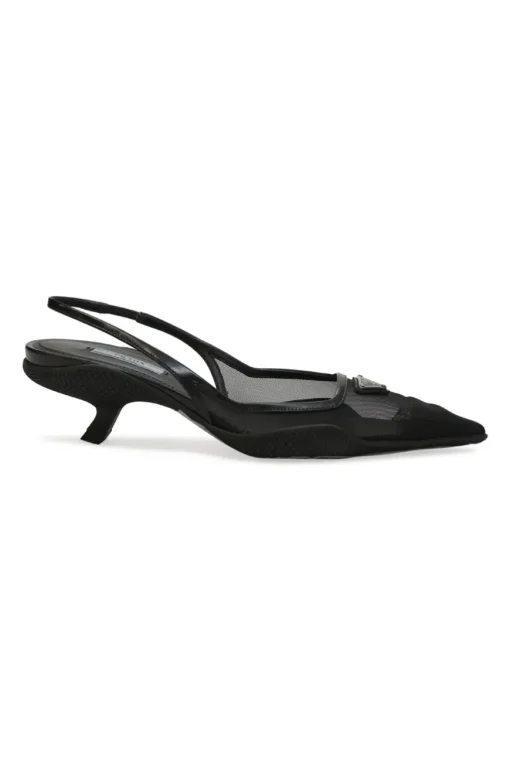 Black mesh, leather and rubber pointed-toe slingback kitten-heel pumps with metallic enamel logo vamp plaque