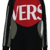 Black mixed media cotton-blend paneled logo hoodie with contrasting ripstop toggle hood in orange