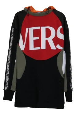 Black mixed media cotton-blend paneled logo hoodie with contrasting ripstop toggle hood in orange