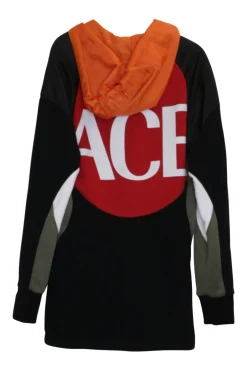 Black mixed media cotton-blend paneled logo hoodie with contrasting ripstop toggle hood in orange
