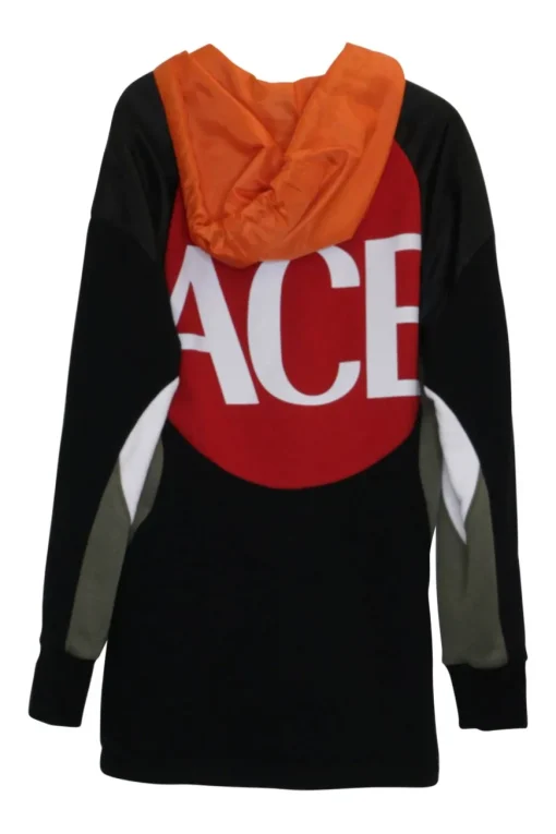 Black mixed media cotton-blend paneled logo hoodie with contrasting ripstop toggle hood in orange