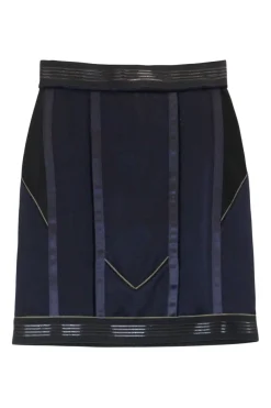 Black mixed media viscose-blend satin mini bubble skirt with metallic piping details