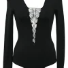 Black modal-blend plunge neck lace-up long sleeve bodysuit