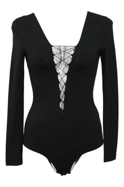 Black modal-blend plunge neck lace-up long sleeve bodysuit