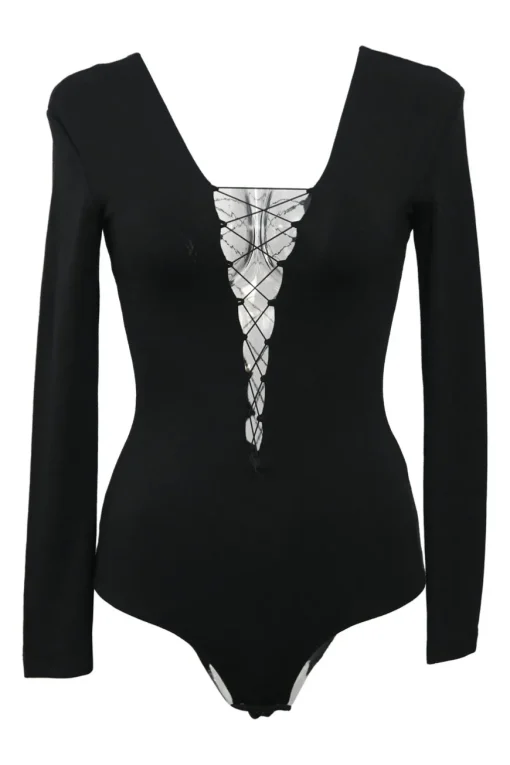 Black modal-blend plunge neck lace-up long sleeve bodysuit