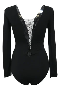Black modal-blend plunge neck lace-up long sleeve bodysuit