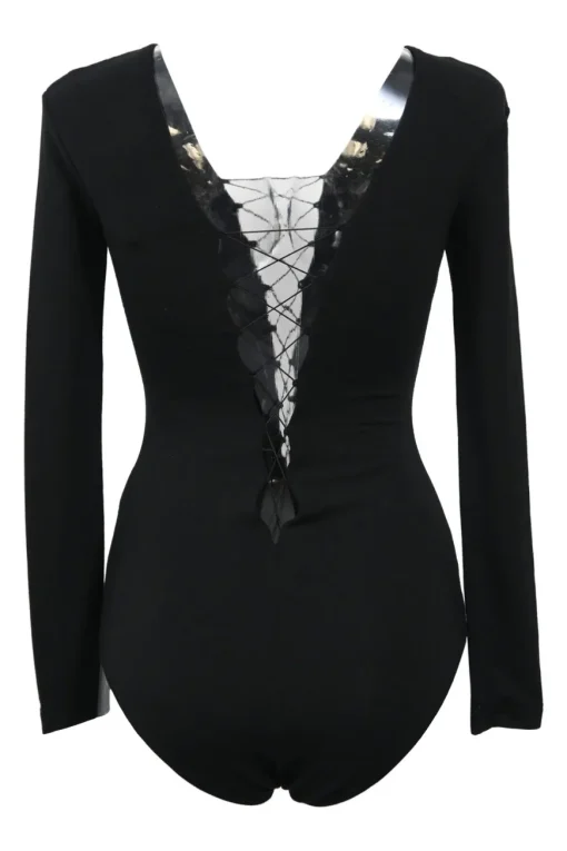 Black modal-blend plunge neck lace-up long sleeve bodysuit