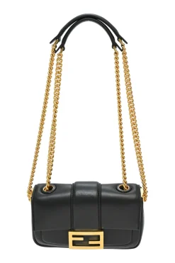 Black nappa leather Baguette mini chain crossbody bag with gold-tone metallic hardware