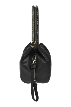 Black nappa leather convertible drawstring bucket backpack with zip straps