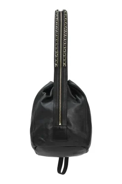 Black nappa leather convertible drawstring bucket backpack with zip straps