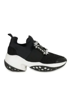 Black neoprene Viv' running chunky sneakers with mid-arch Belle crystal buckle and elastic strap