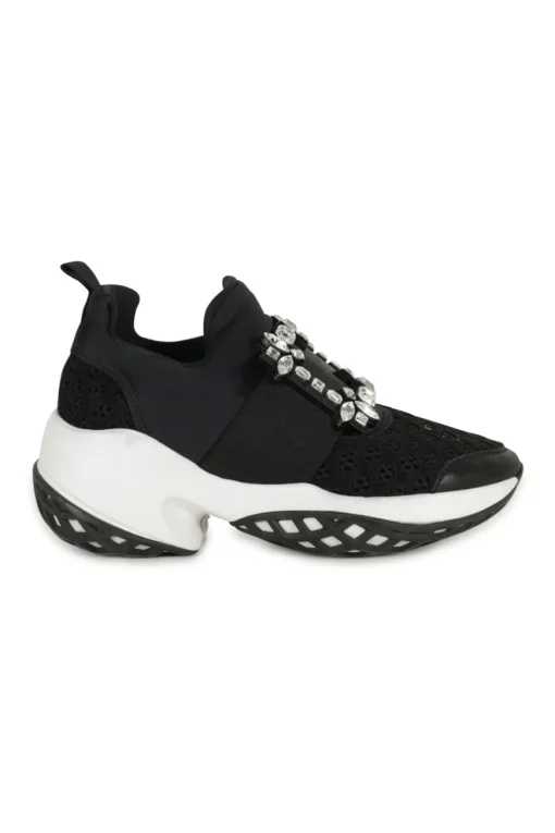 Black neoprene Viv' running chunky sneakers with mid-arch Belle crystal buckle and elastic strap