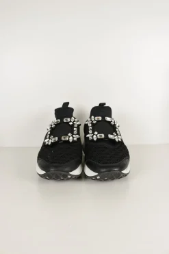 Black neoprene Viv' running chunky sneakers with mid-arch Belle crystal buckle and elastic strap