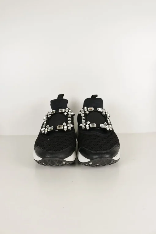 Black neoprene Viv' running chunky sneakers with mid-arch Belle crystal buckle and elastic strap