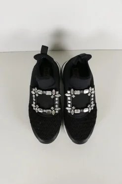 Black neoprene Viv' running chunky sneakers with mid-arch Belle crystal buckle and elastic strap