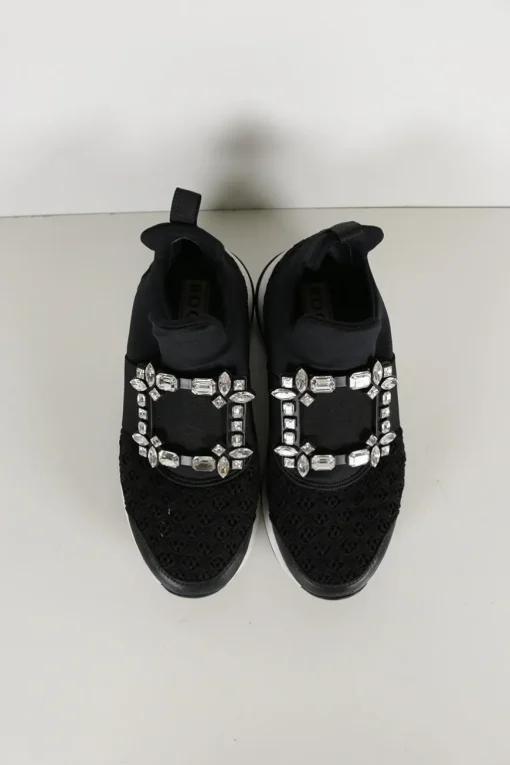 Black neoprene Viv' running chunky sneakers with mid-arch Belle crystal buckle and elastic strap