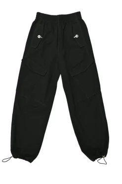 Black nylon-blend high-rise latch cargo pants with elasticated waistband and toggle cuffs
