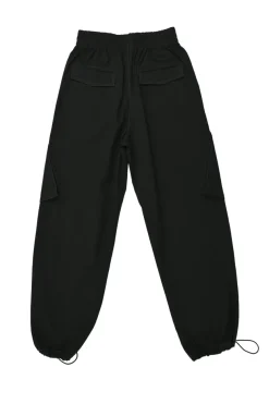 Black nylon-blend high-rise latch cargo pants with elasticated waistband and toggle cuffs
