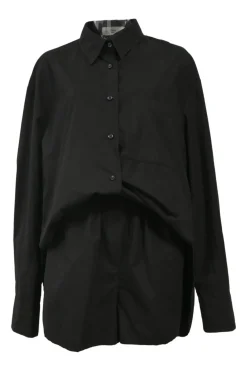 Black organic cotton poplin Lui two-piece lounge set featuring spread collar shirt and pull-on wide-leg shorts