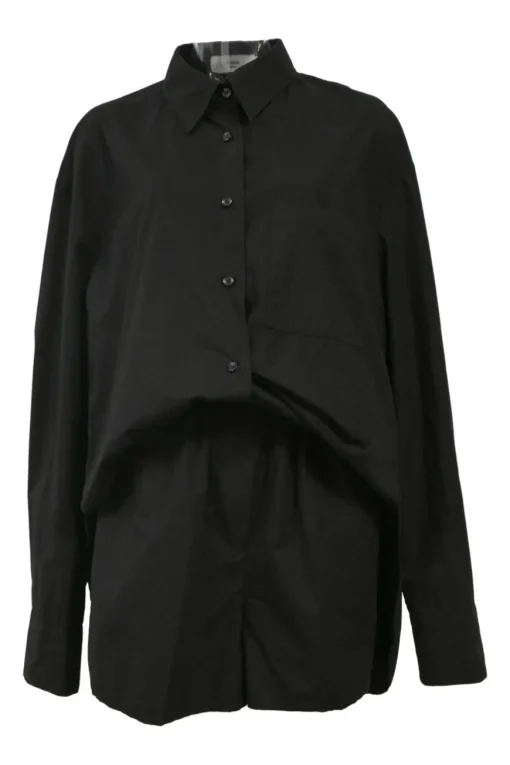 Black organic cotton poplin Lui two-piece lounge set featuring spread collar shirt and pull-on wide-leg shorts
